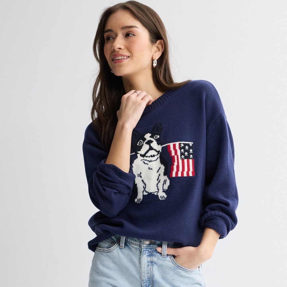 Jollidays Boston Terrier American Flag Sweater Navy Blue XL NEW